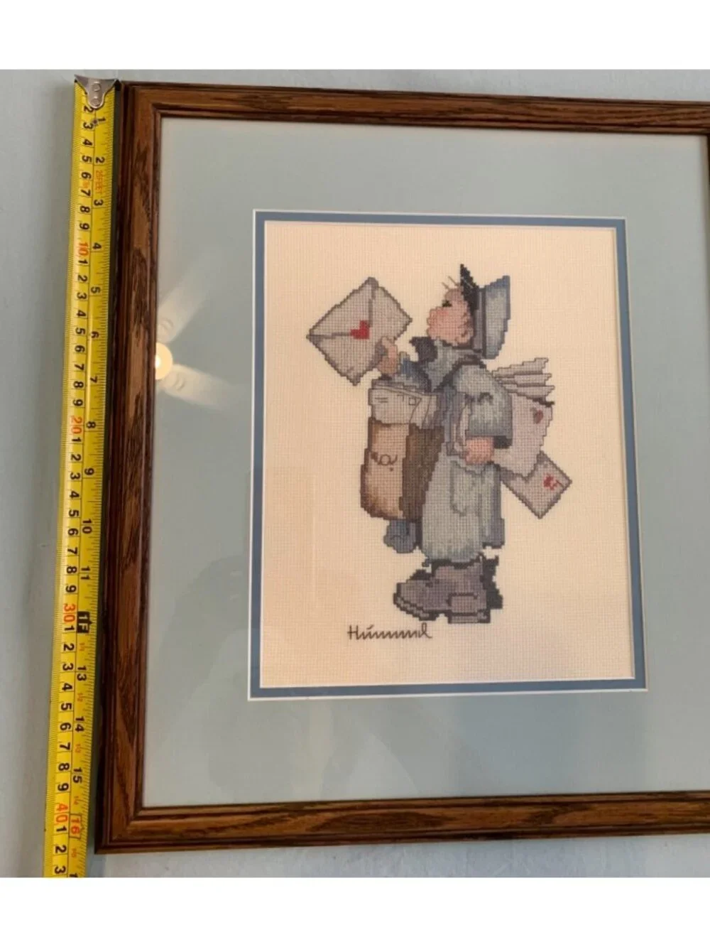 Framed Hummel-Inspired Cross-Stitch Art Of Mail Carrier With Letters 16
